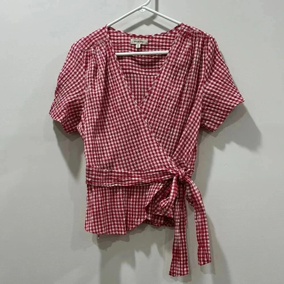 Max Studio Tops - Max Studio Red and White Check Short Sleeve Wrap Shirt - Size L